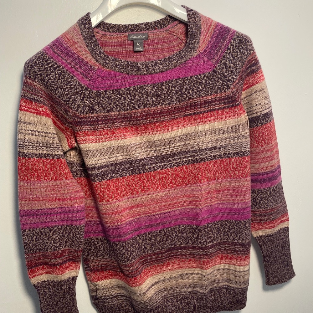 Eddie Bauer Purple and Red Soft 100% Cotton Medium-Weight Crew-Neck Sweater